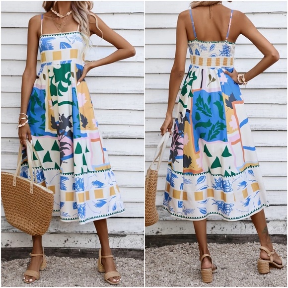 019 Boho Tropical Geo Print Smocked Cami Sun Dress - Picture 4 of 6